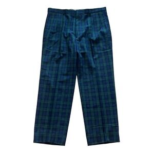 Oakton Limited Mens 38 Tall Black Watch Plaid Pleated Trousers Green Navy Blue